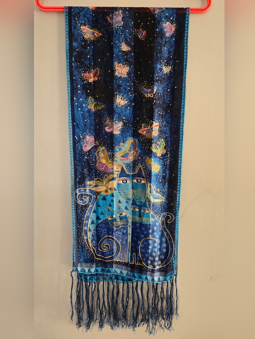 Laurel Burch Silk Scarf Blue Indigo Cats and Butterflies 54"x11"